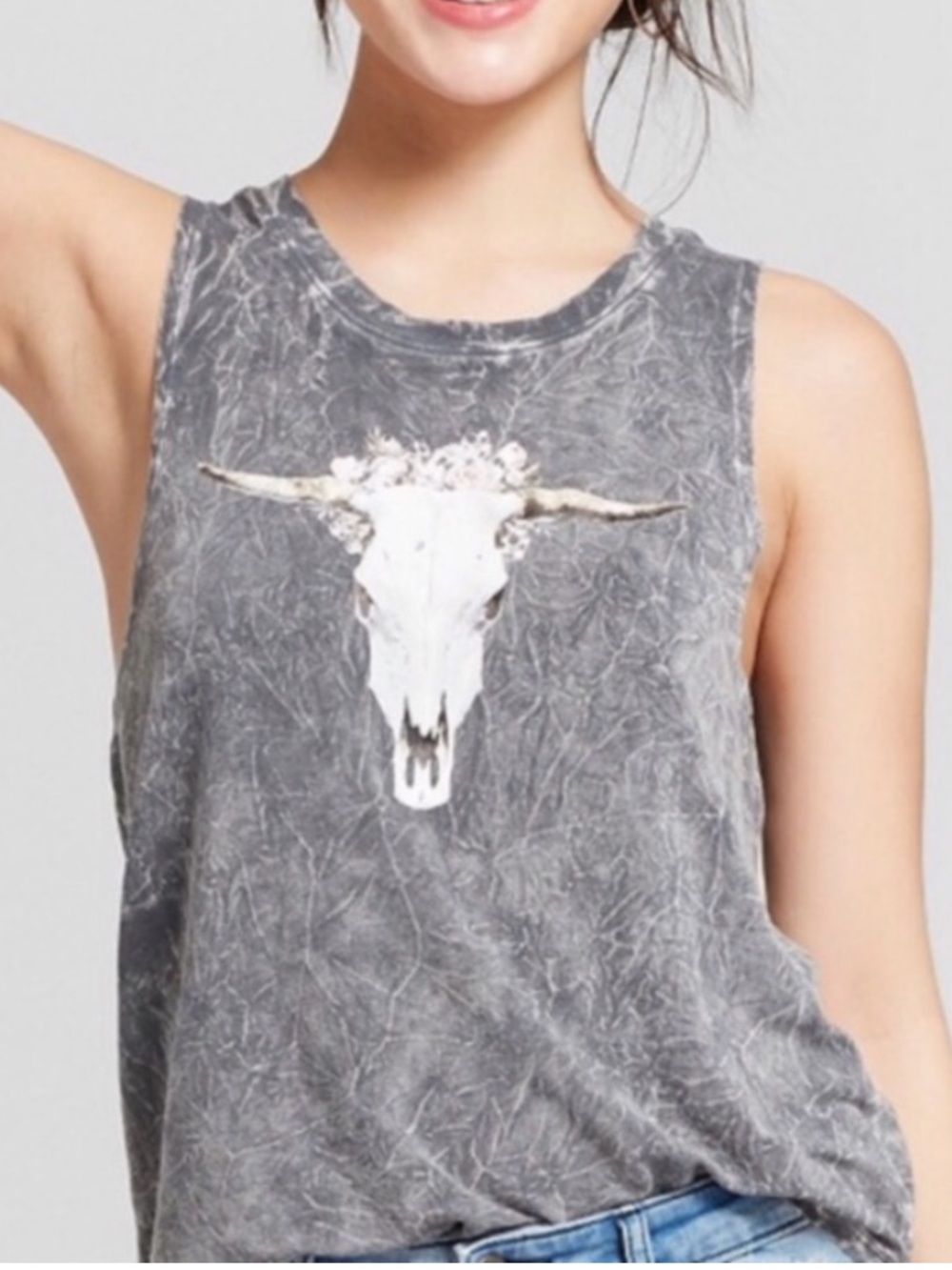 Grayson Threads Grey Washed Tank Top with White Bull Skull Graphic L NWT